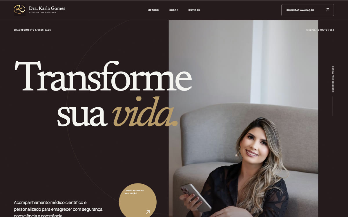 Prévia da página da Dra. Karla Gomes com serviços e abordagem de atendimento